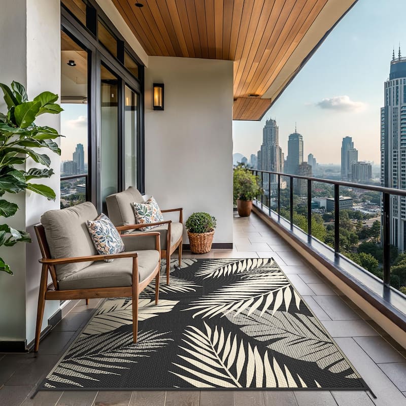 Mcow Palm Leaf Collection Reversible Woven Waterproof Outdoor Area Rug