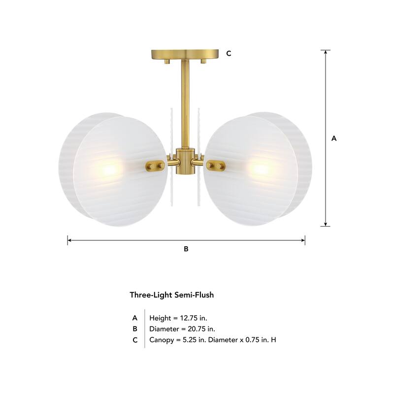 Sky Fall 20.75 in. 3-Light Brushed Gold Contemporary Semi Flush Mount with Etched Fluted Glass Shades for Bedrooms - 12.75