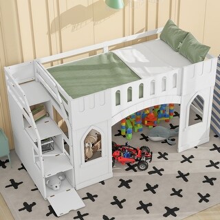Twin Size Low Loft Bed with Side Storage Staircase and Window, Pinewood Frame Playhouse Bed Playful Castle Bed for Children