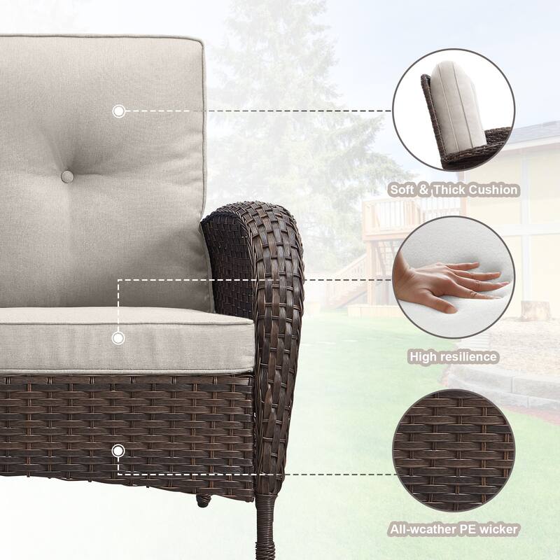 PlainCurve 7-Piece Brown Wicker Patio Fire Pit Sofa Seating Set with Olefin Cushions