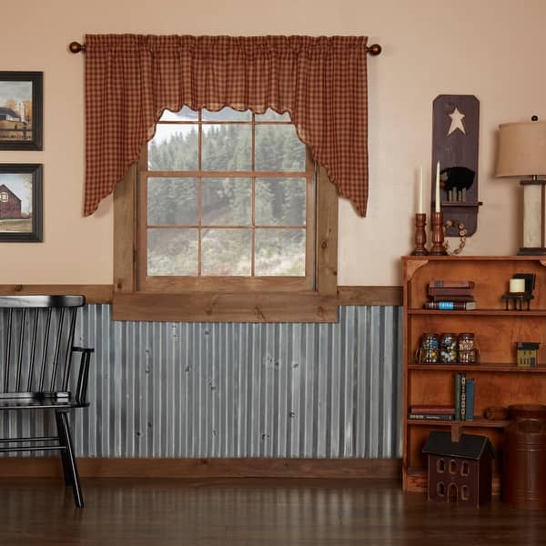 slide 2 of 12, Primitive Kitchen Curtains VHC Burgundy Check Swag Pair Rod Pocket Cotton Check - Swag 36x36x16