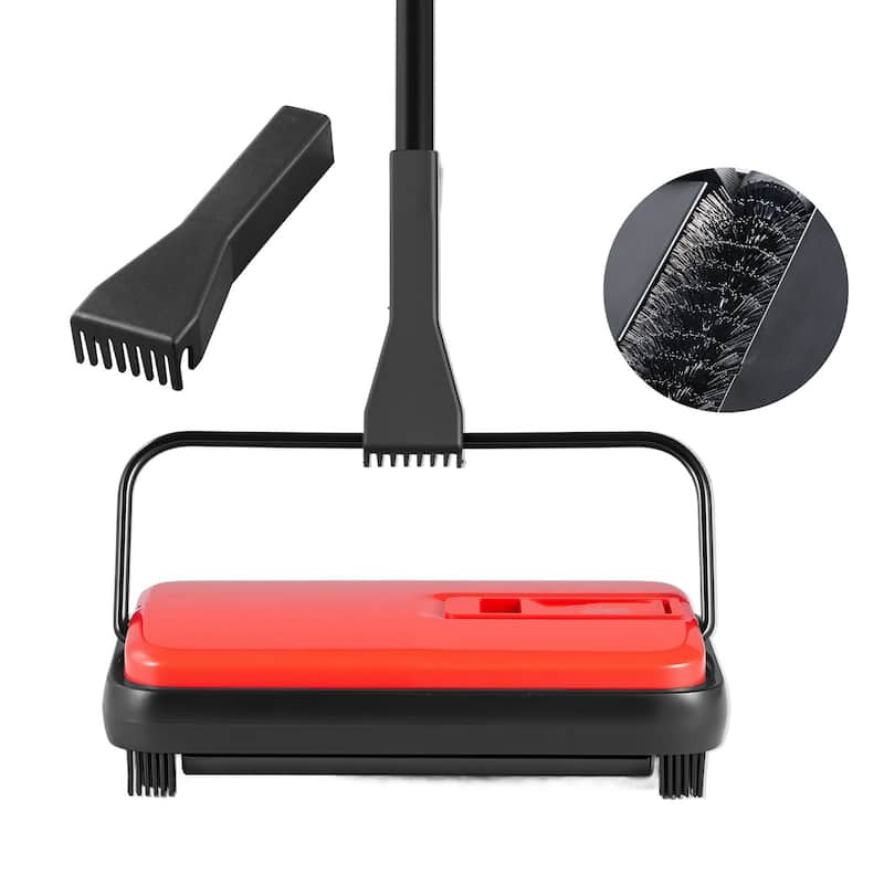 Carbon Steel Manual Carpet Sweeper with 7.87in Brush and Easy Dustbin - 44.1 x 9.1 x 6.3 inch - Red