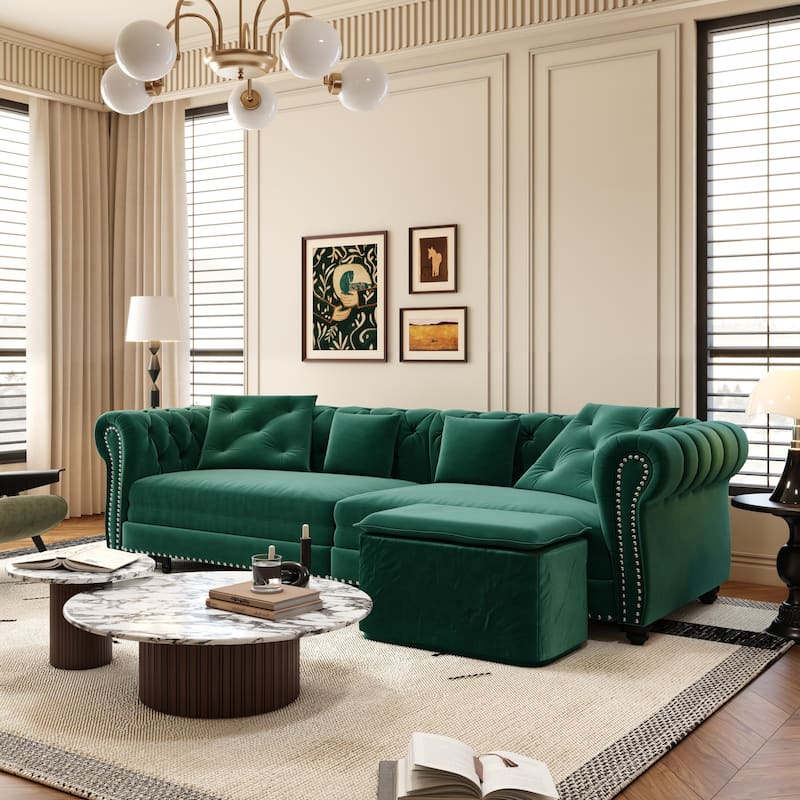Oversized Chesterfield Loveseat Sofa, Convertible Pull Out Sleeper Sofabed Velvet Couch Bed w/Movable Ottoman and Nailhead Trim
