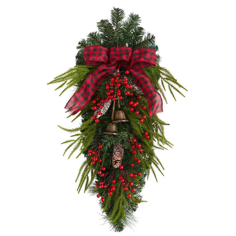 24" Holiday Christmas Pine Cones, Berry and Bells Wreath - Green - 30