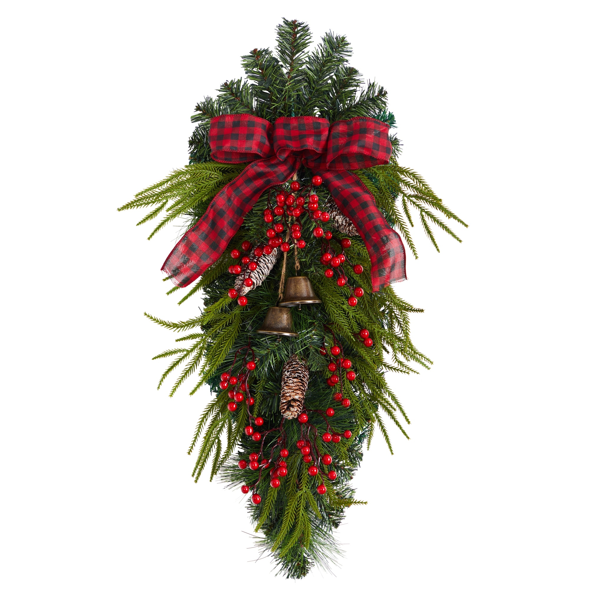 24" Holiday Christmas Pine Cones, Berry and Bells Wreath - Green - 30