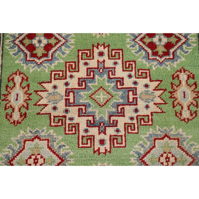Light Green Kazak Oriental Runner Rug Hand-Knotted Wool Carpet - 2'9" x 9'7"