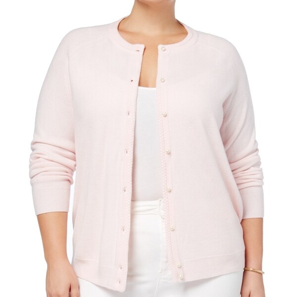 pink cardigan with pearl buttons
