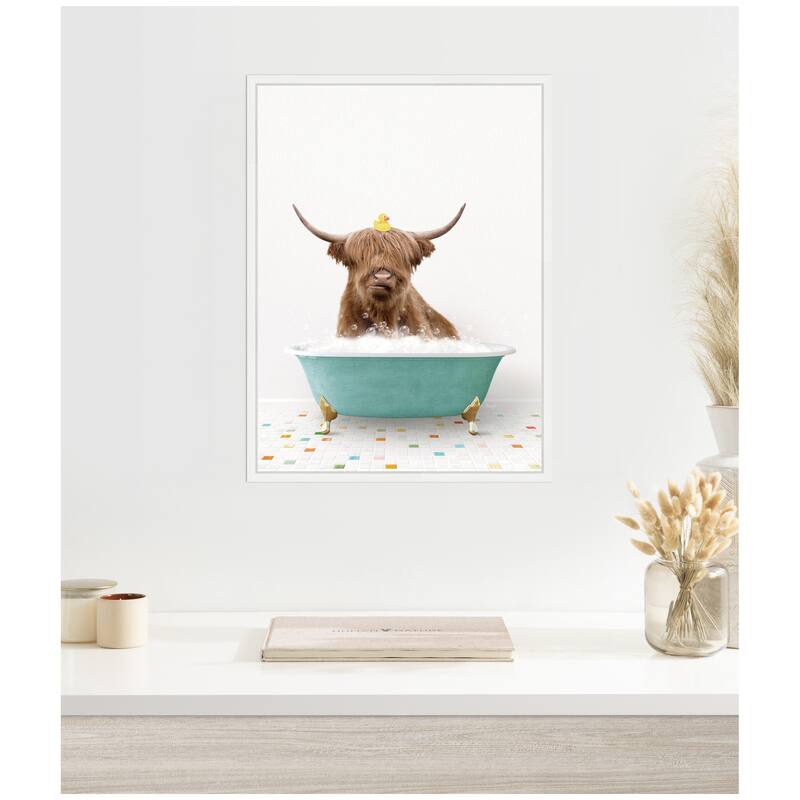 Kate and Laurel Sylvie Highland Cow in Teal Bathtub on Colored Tile Framed Canvas by Amy Peterson
