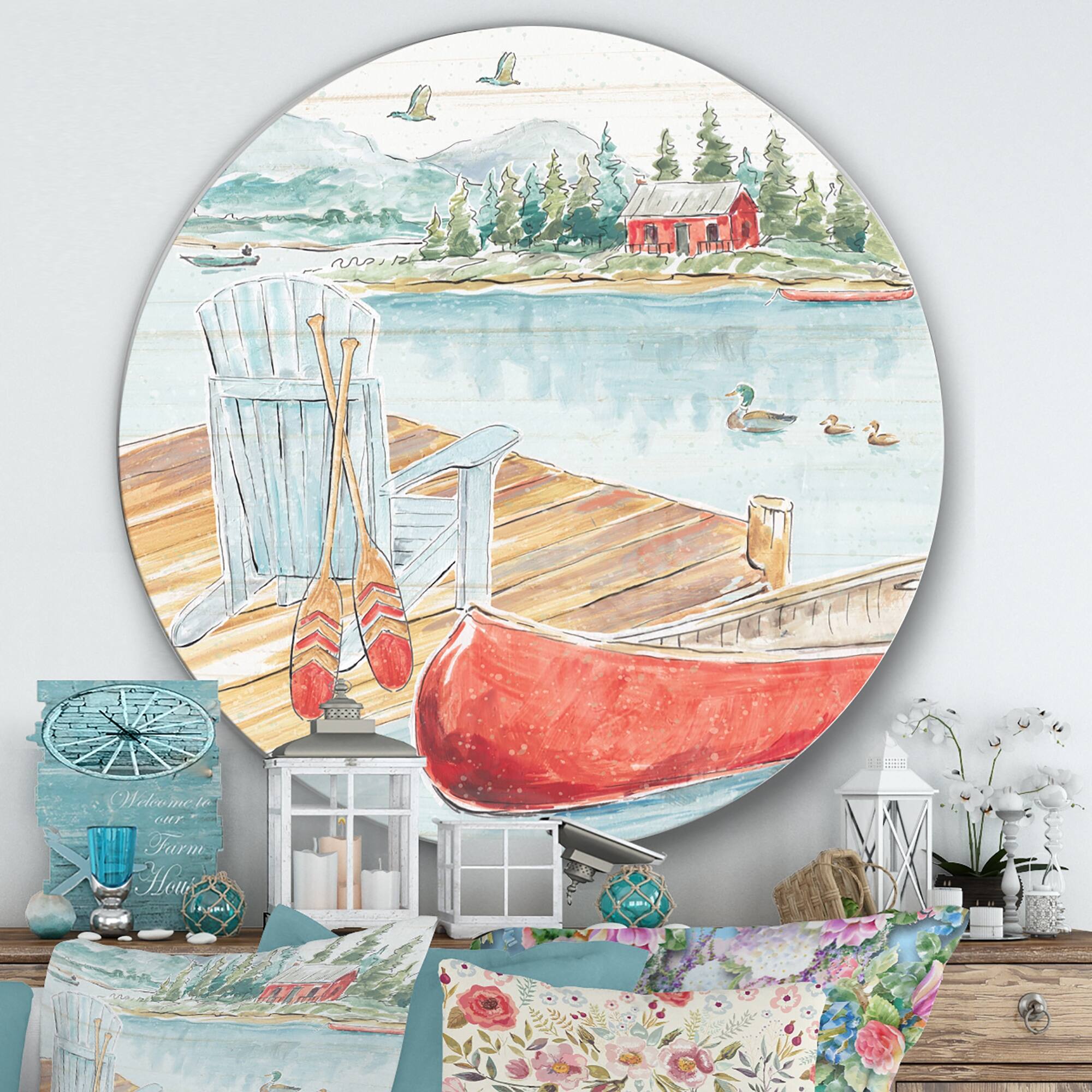 Designart 'Lake House Canoes III' Farmhouse Metal Circle Wall Art Bed