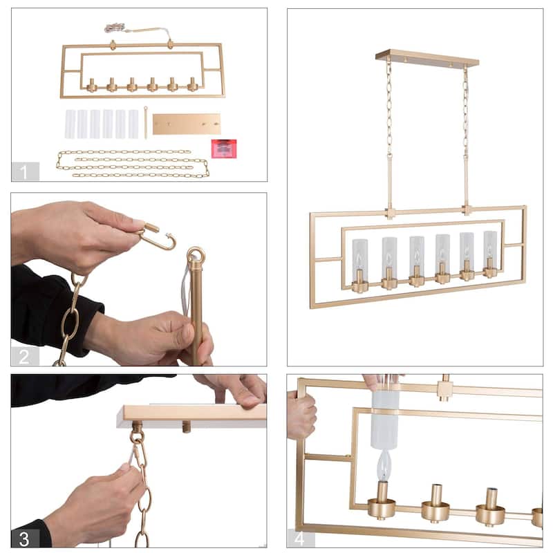 Modern Glam 6-light Linear Kitchen Lights Black Gold Glass Candle Chandelier - L37.5'' x W5'' x H81'' - Gold