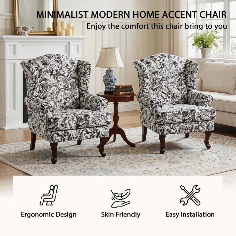 2 Set Traditional Rolled Arm Wing Back Accent Chair