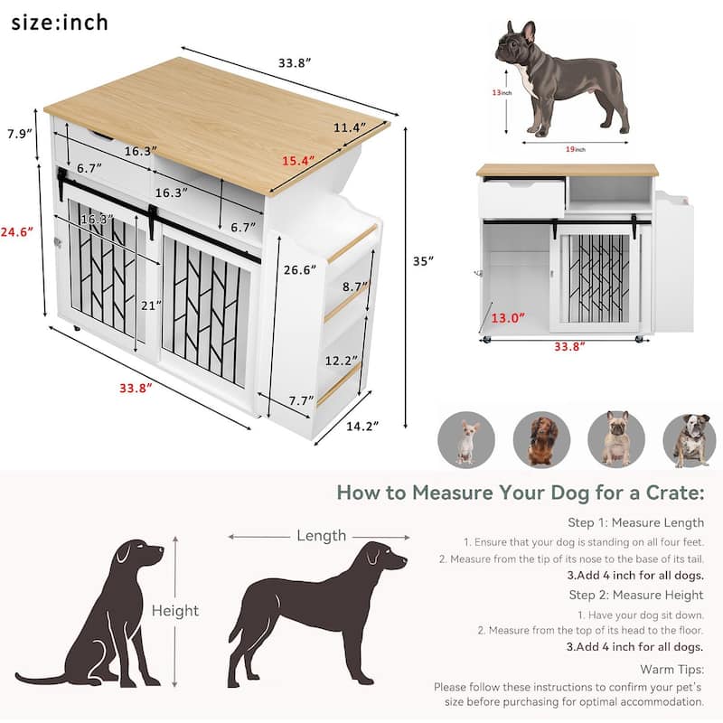 2-in-1 Modern Dog Crate & Kitchen Island with Storage for Small Dogs, Cream White End Table with Wheels‌