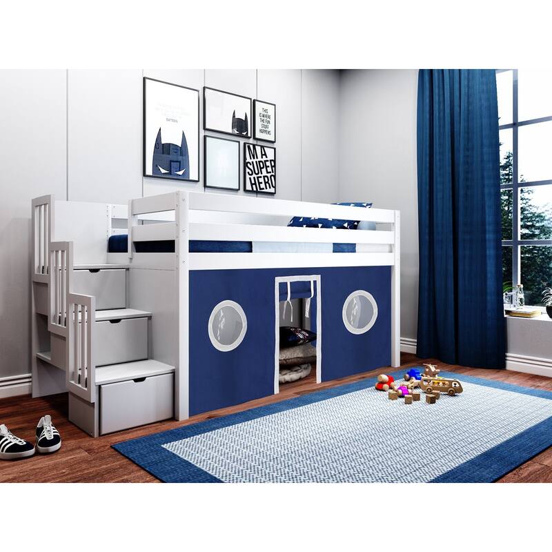 JACKPOT Contemporary Low Loft Twin Bed with 3 Step Stairway and Tent