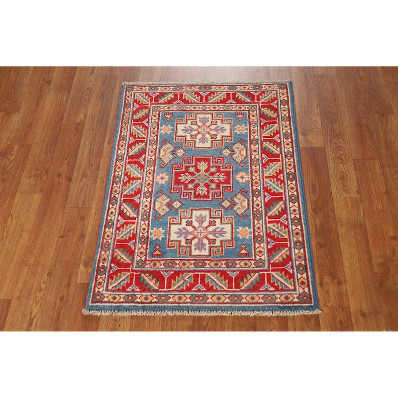 Blue Geometric Kazak Oriental Rug Handmade Wool Carpet - 2'0"x 3'0"