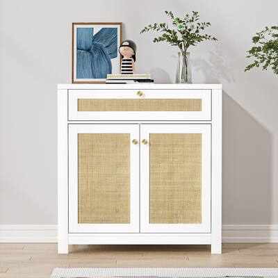 Anmytek White Rattan 2 Door Storage Cabinet Sideboard Buffet with Drawer 31.5"W x 13.7"D x 32.8"H