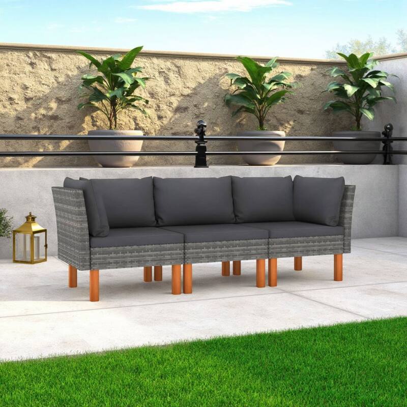 Casey Modular Outdoor Sofa, Gray Rattan, Brown Wood Legs, 25 Inch