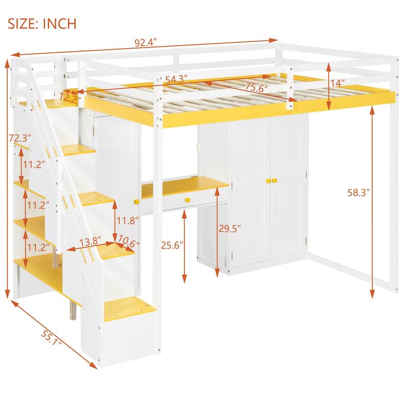 Full Size Loft Bed with Storage Staircase, Built-In Dressing Table, USB Ports & Lights by Harper&Bright Designs