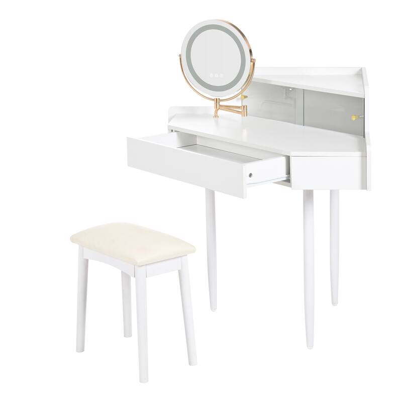 Bedroom Corner Makeup Vanity Desk with Makeup Stool & 360° Rotating LED Mirror, White