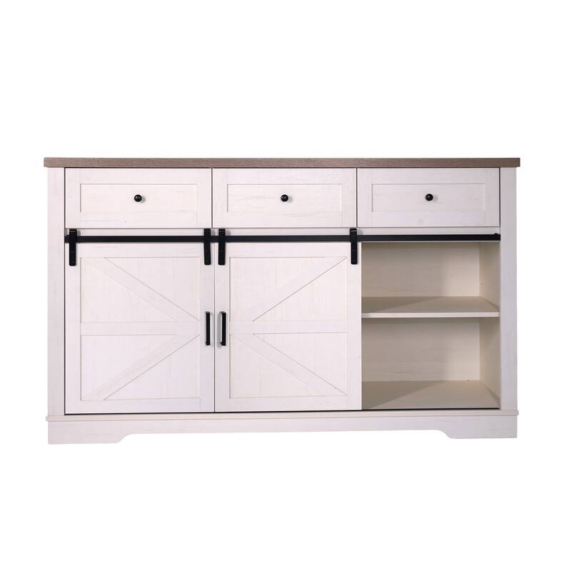 Farmhouse Wine Bar Cabinet w/Sliding Barn Door - White+Oak