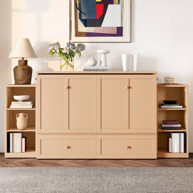 Full Size Murphy Wall Bed with Storage Drawers & Shelves, Space-Saving Design for Guest Room, Studio Apartment & Small Spaces