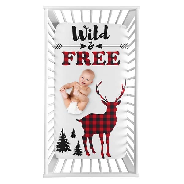 slide 2 of 2, Woodland Buffalo Plaid Collection Boy Photo Op Fitted Crib Sheet - Red and Black Rustic Country Deer Lumberjack Arrow