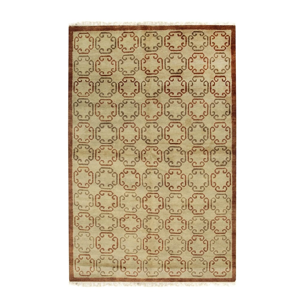 Brown Handmade Wool Transitional Ningxia Rug, 5'8 x 8'9, Hand Knotted Wool, Elegant Subtle Design Rug - N/A