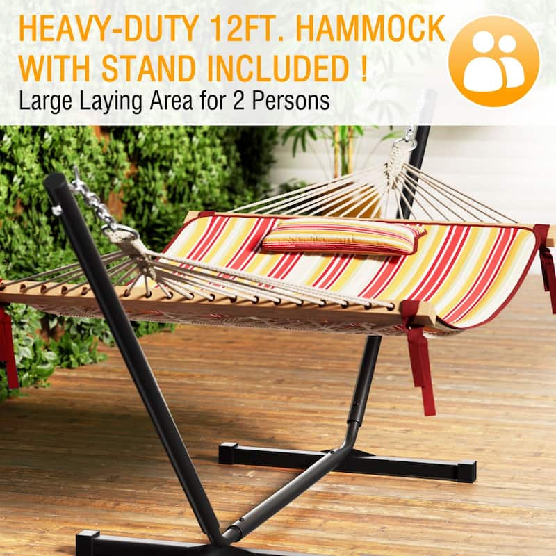VEIKOUS 12 ft. Quilted Camping Portable Hammock with Stand and Detachable Pillow for 2-Person