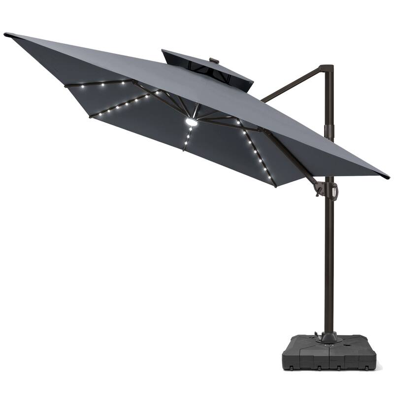 10 X 13 FT Outdoor Patio Cantilever Umbrella with Solar Lights Wheeled Base Double Canopy 360 Rotation Tilt