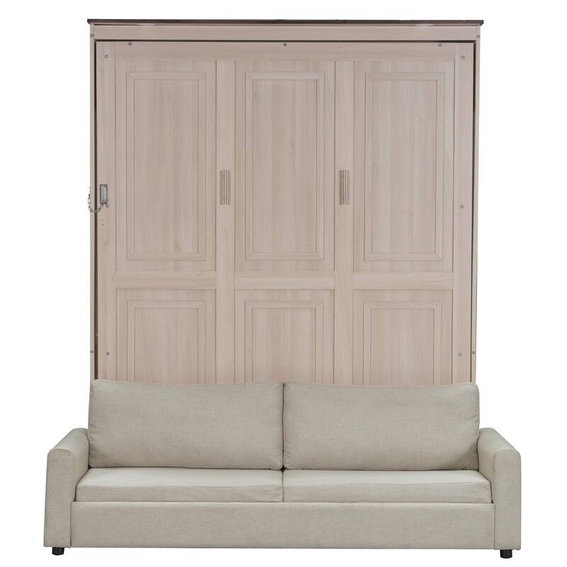 Queen Size Murphy Bed with Upholstered Sofa and Top LED, Beige, Space Saving Foldable Platform Bed Frame