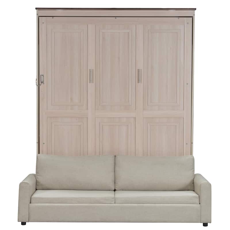 Roomfitters Queen Murphy Bed with Foldable Sofa and LED Lights, Space Saving, Beige