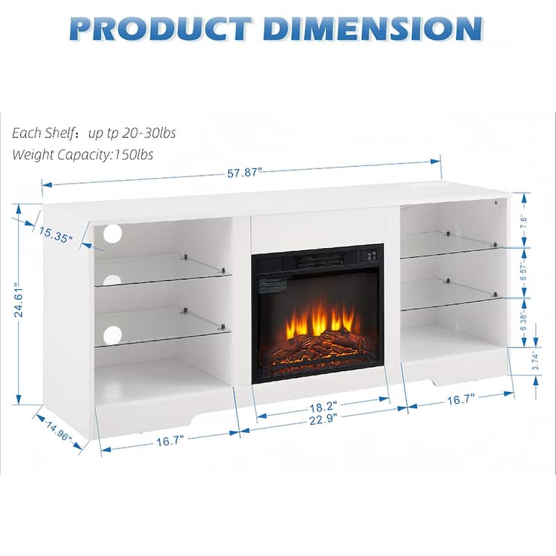 58"W Fireplace TV Stand with 18'' Fireplace, LED Light, USB Outlet - 58''W*15.5''D*24.4''H