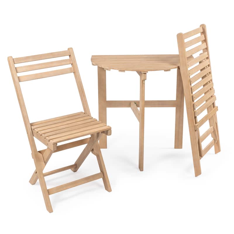 Nerja Classic French Country 3-Piece Acacia Wood Half-Round Outdoor Folding Bistro Set, Light Teak by JONATHAN Y