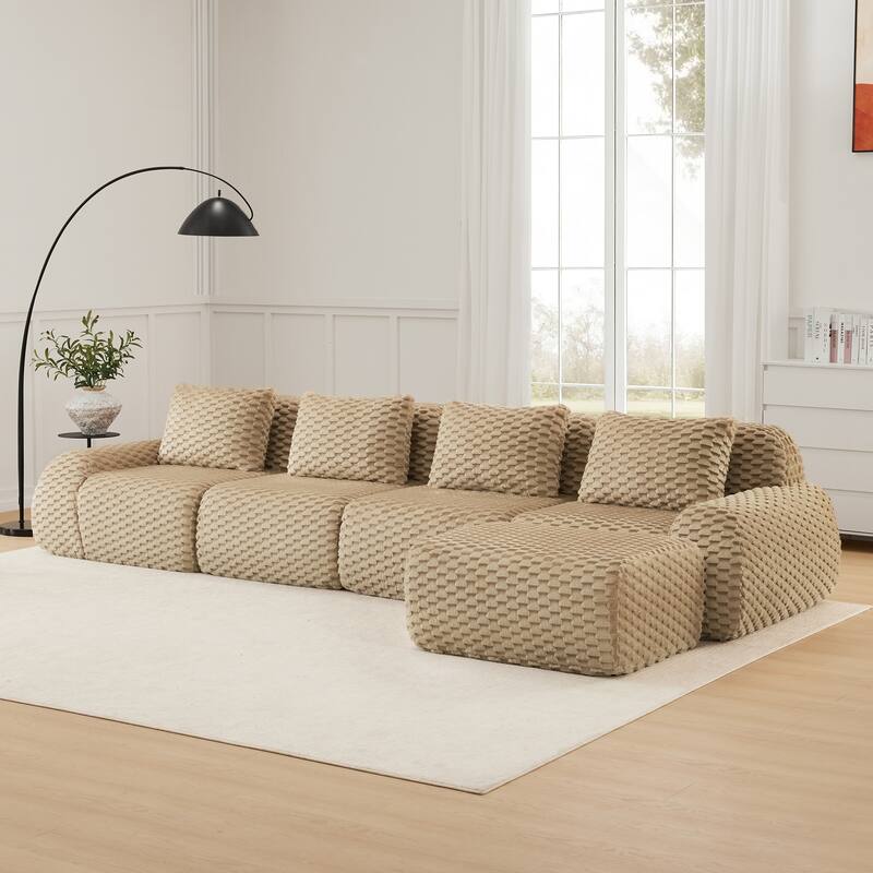 Oversized Modular Sectional Sofa with Movable Ottoman, 4 Seat Modern Flannelette Fabric Sofa Set Floor Armrests Sofa - Light Camel 4 Seat - 1 Ottoman