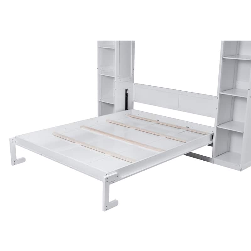 Merax Queen Size Murphy Bed Wall Bed with Shelves and LED Lights