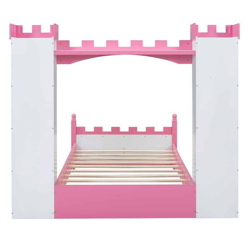 Castle Shaped Platform Bed,Wood Twin Size Bed Frame wStorage Shelves