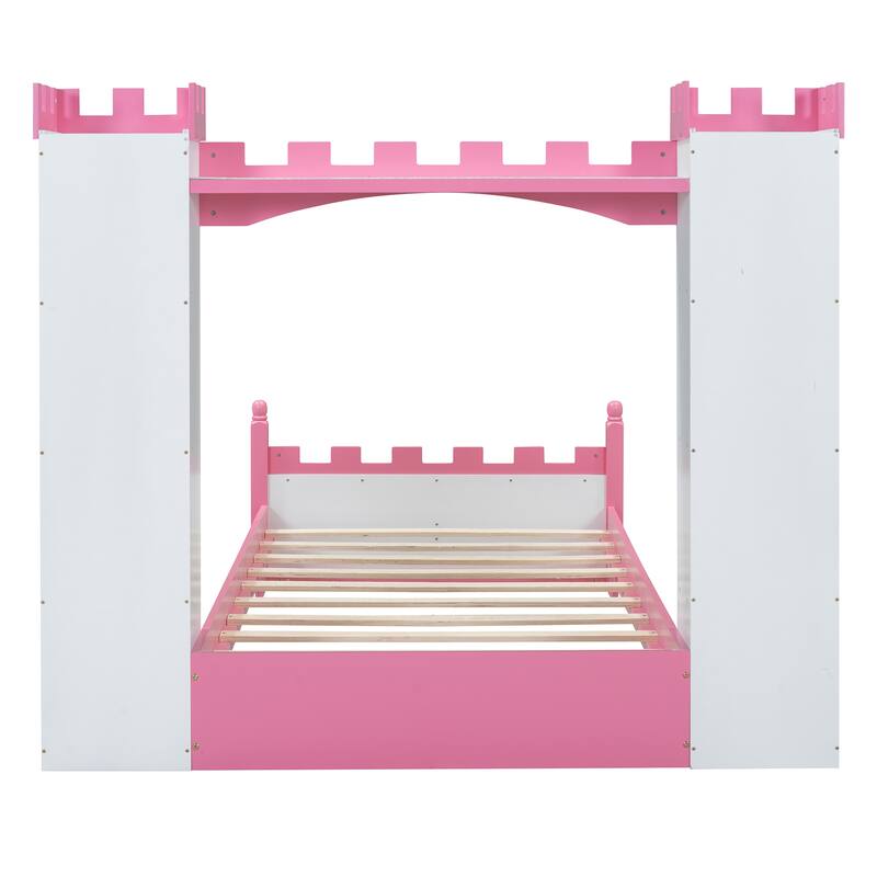 Wooden Twin Size Castle Shaped Bed Frame, Dreamy Twin Size Platform Bed with 2 Storage Shelves