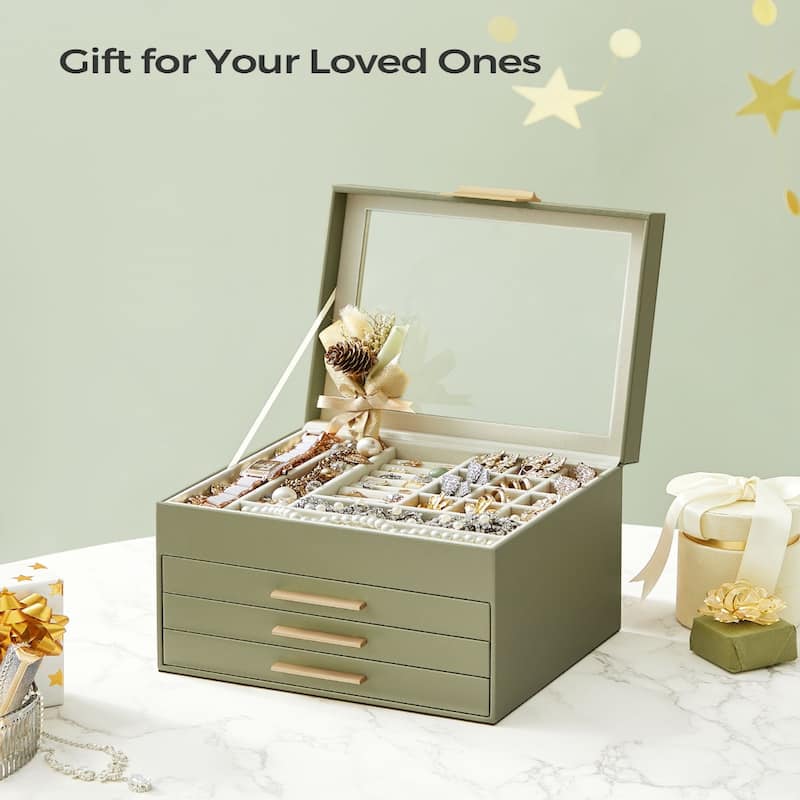 Modern Jewelry Organizer with Multiple Drawers Glass Top and Velvet Interior for Storage
