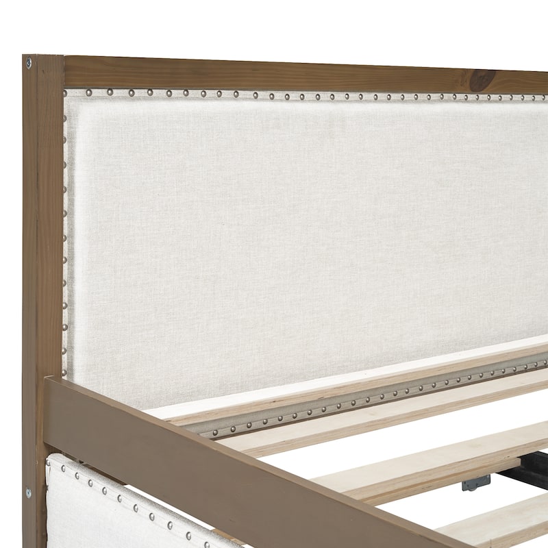 Bedroom Nailhead Decoration Upholstered Bed Frame, Full Size Daybed with Wood Slat Support Pull-out Trundle Bed, White