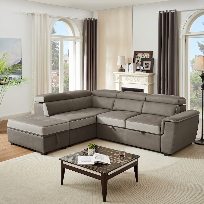 L Shaped Sectional Sofa with Pull Out Bed and Storage Compartment