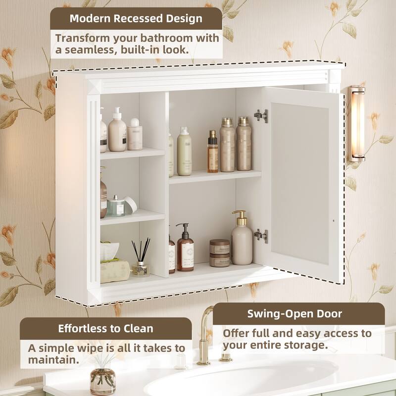 42 Inch Wall Mounted Bathroom Mirror Cabinet, Modern Medicine Cabinet with Mirror Doors and Open Shelves