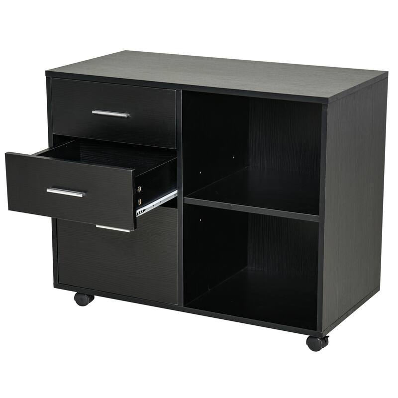 HOMCOM Indoor Office Storage Cabinet with 3 Storage Drawers, Open Shelving, & Wheels