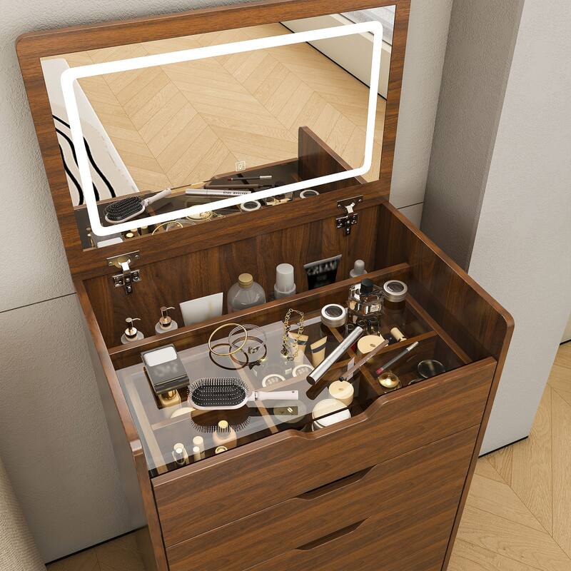 3-in-1 Flip Top Makeup Vanity with Lighted Mirror, Stool & Storage