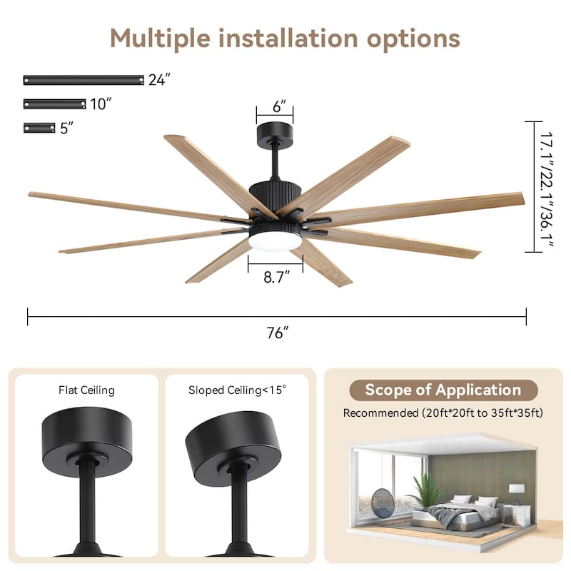 52"/66"/72"/76 Inch Modern Ceiling Fan with Dimmable LED Light ,Remote&APP Control,8 Blades for Large Living Room,Porch