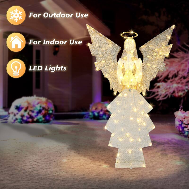 Puleo International 60 in Outdoor Lighted Angel with 140 Warm White LED Lights - Gold/White