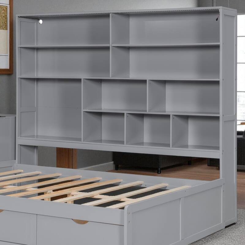 Full Size Wooden Daybed with Desk, Shelves & Lights, 3 Drawers, Reversible Layout, 76 x 68.9 x 65.2 in