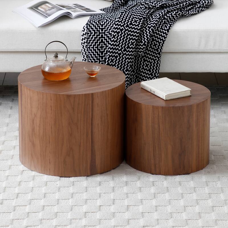 Wood Grain Coffee Table Set of 2 Round Nesting Side Table Lightweight End Table Modern Accent Table, No Assembly Required