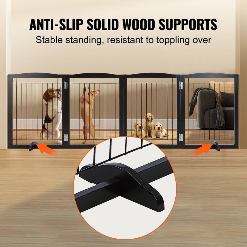 Modern 4 Panels Foldable and Expandable Freestanding Pet Gate with Footpads - 96.46 x 9.65 x 32.01 in