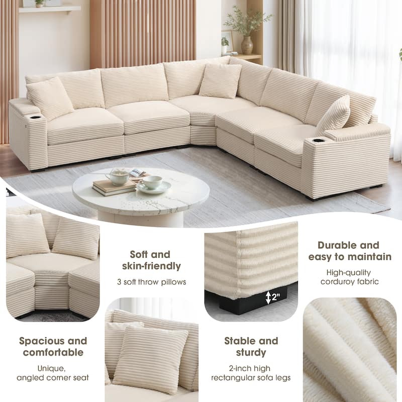 Convertible L Shaped Sectional Sofa, Oversized Corduroy Upholstered Sofa, Modular Corner Sofa with Cup Holders & USB Charger