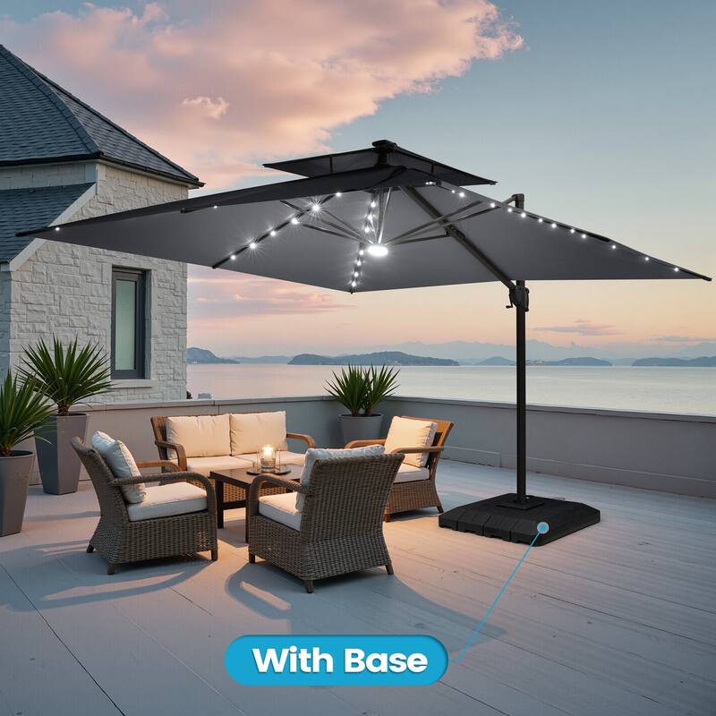 11FT Patio Cantilever Umbrella LED Lights Double Top Umbrella with 4-Piece Fillable Weighted Base