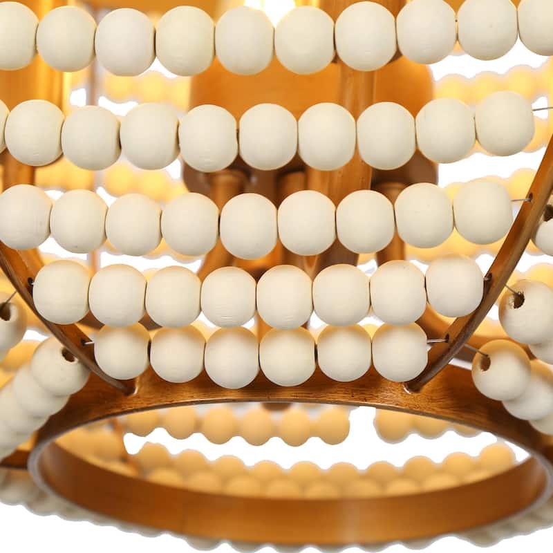 Luxury Empire Wood Beaded Chandeliers Boho Distressed White Vintage Glam Gold Decor Ceiling Lighting Bedroom - D 16.5'' x H 86''